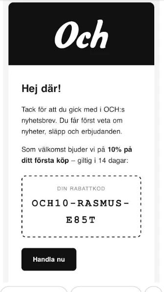 Välkomstmailet med den unika engångskoden — direkt i inkorgen.