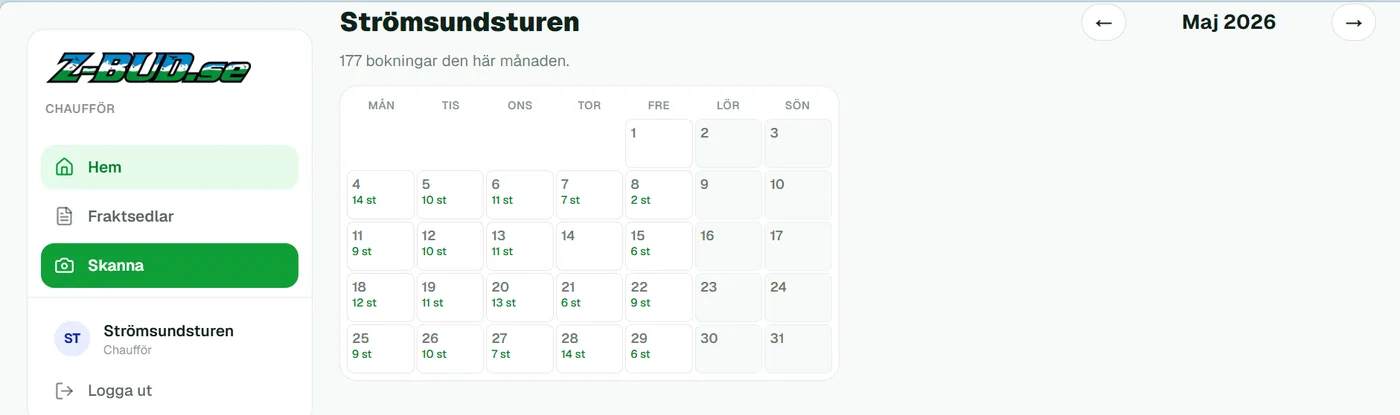 Chaufförsvyn — alla körningar samlade i en kalender med antal per dag.