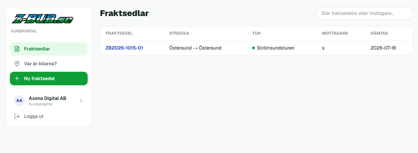 Kundportalen — kundens egna fraktsedlar, med sökfunktion och spårning.